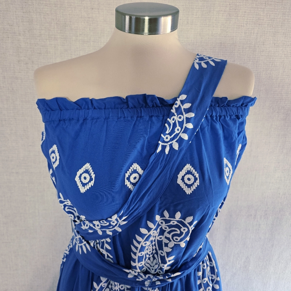 CATO est 1946 Women Jumpsuit Blue With 3D White Leaves Design Tassel Waist Tied